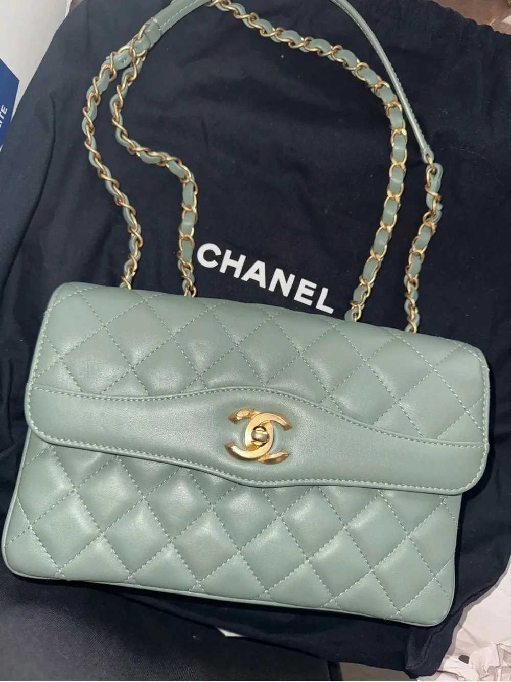 $5K MSRP AUTHENTIC CHANEL Quilted Shoulder Flap Bag in Sage Green with Gold